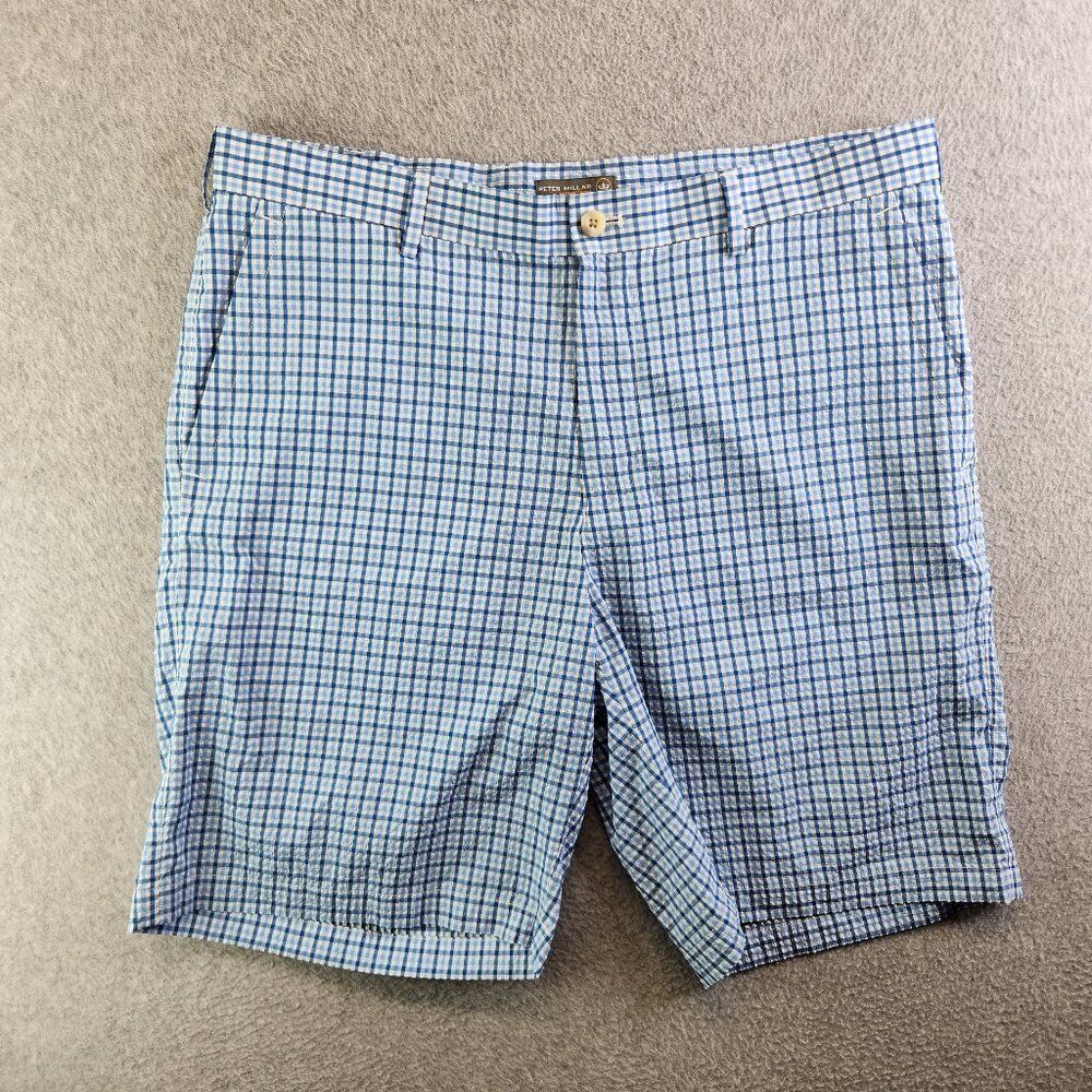 Peter Millar Shorts Mens 35 Blue Gingham Plaid Seersucker Crown Sport Golf Beach